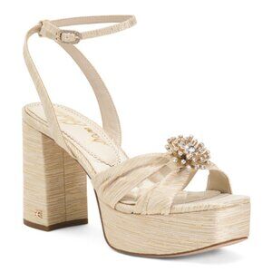 Sam Edelman Ivory Platform Ankle-Strap Heels with Crystal Accent